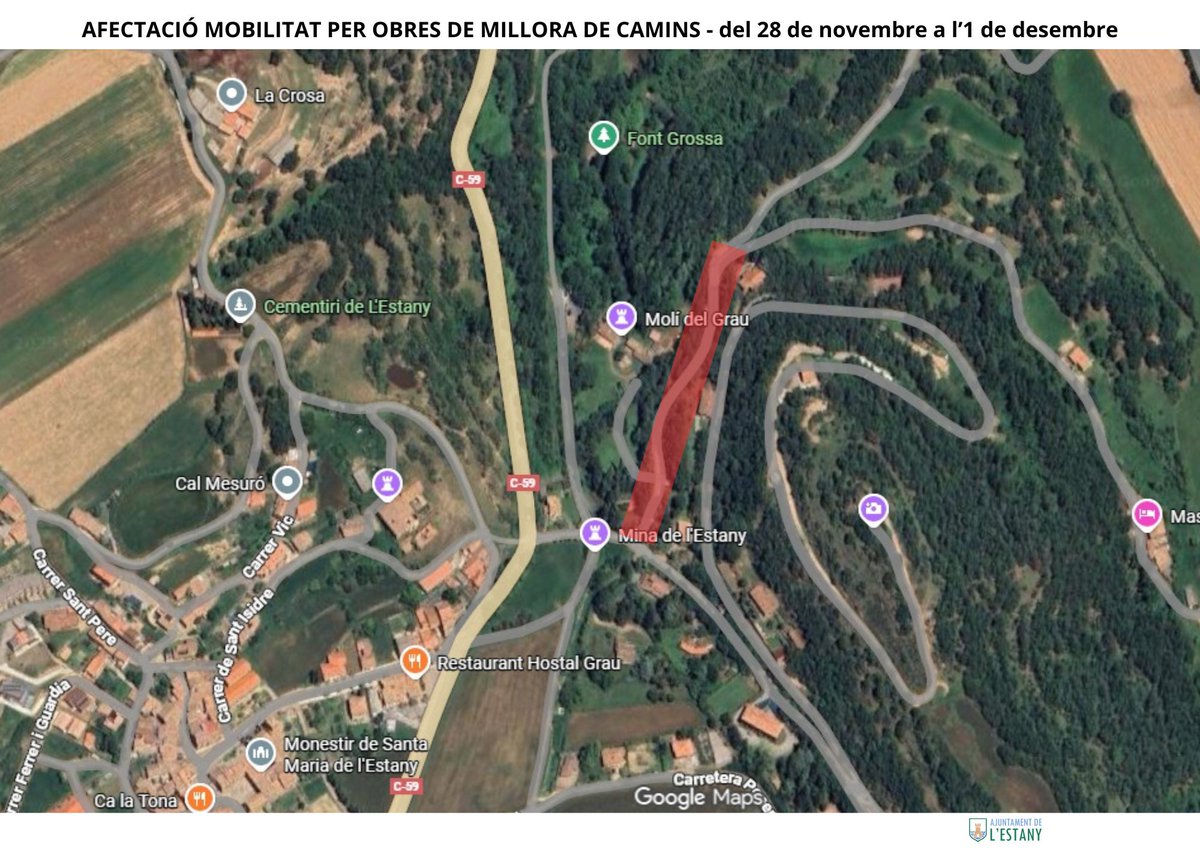 🚧 Obres de restauració en un tram del camí de Sentias
👷🏻Les obres es faran aquest divendres, 28 de novembre
🚫 Per tal de consolidar el terreny, la circulació queda prohibida als vehicles pesants -camions i tractors-, fins a l'1 de desembre
🚗 S'habilitarà un pas per turismes