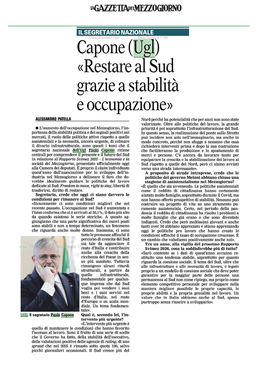 📰  Su <a href="/LaGazzettaWeb/">La Gazzetta del Mezzogiorno</a> di oggi ho parlato di #occupazione e stabilità per la crescita del #Sud #Italia.

🇮🇹 #Italia #UGL <a href="/UGLConf/">UGL Confederazione</a>