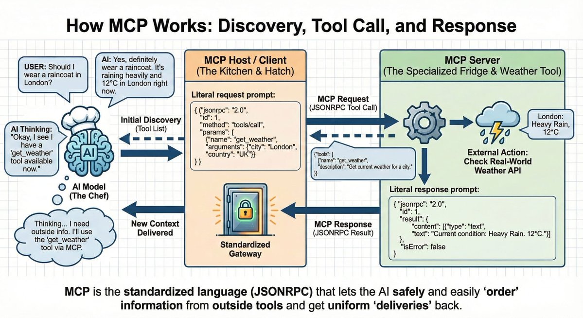 Guy_T_Sky's tweet image. I had #NanoBanana2 create an infographic to explain to a friend how MCP works.
Almost perfect, except the order of events is hard to understand if you don&apos;t already know how it works.
Funny that it simulated lazy diagram creation with opaque white backgrounds thrown in