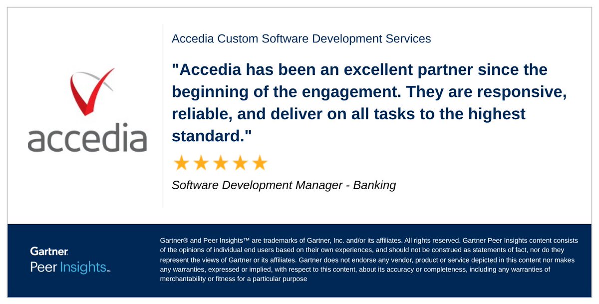 AccediaIT's tweet image. Software Development Manager in the #Banking Industry gives Accedia #CustomSoftwareDevelopment Services 5/5 Rating in @Gartner_inc Peer Insights™ Custom Software Development Services Market.
Read the full review here: gtnr.io/nfB0vhMa8
#GartnerPeerInsights #CustomerSuccess