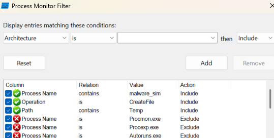 cstotw's tweet image. 🎯 ProcMon trick: Set filter Path→contains→&apos;Temp&apos; + Operation→is→&apos;CreateFile&apos; to catch malware dropping files. Most malware writes to %TEMP% first. Save this filter for quick malware hunting! #DFIR #ProcMon #MalwareAnalysis #FileSystem