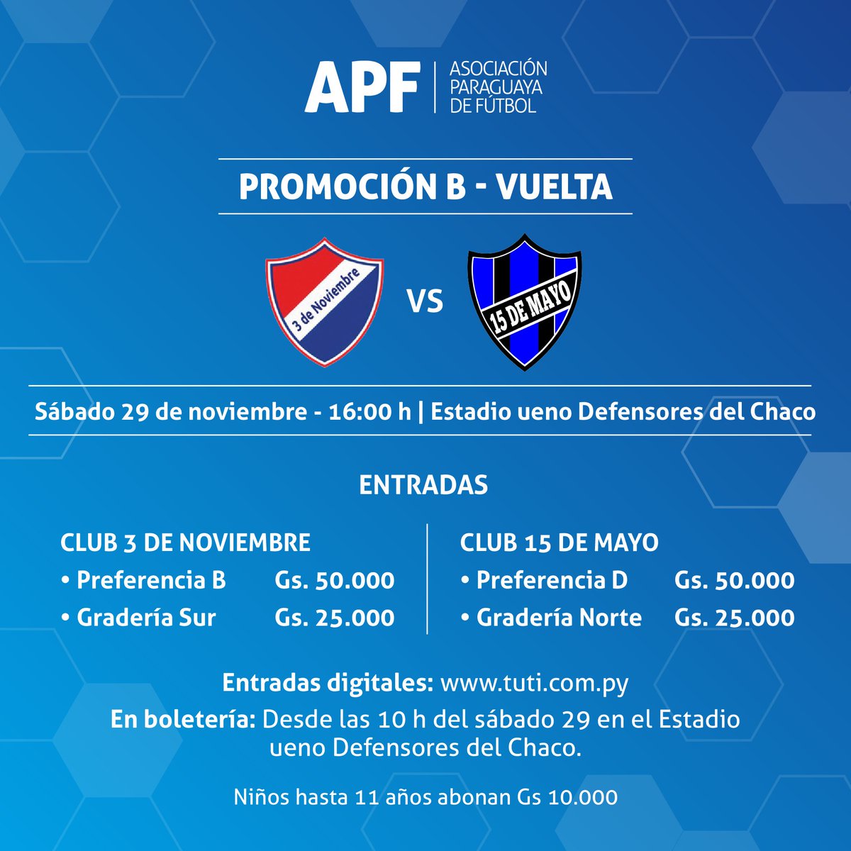 ¡Comienza la cuenta regresiva para la definición! ⌛️

🎟 Entradas disponibles para el juego de vuelta correspondiente a la Promoción 2026. 

Canjeá la tuya a través de <a href="/tutiparaguay/">tuti</a>: bit.ly/PROMAPF2025

También podés adquirirlas en las boleterías de <a href="/ElDefensores/">ueno Defensores Del Chaco</a>, este