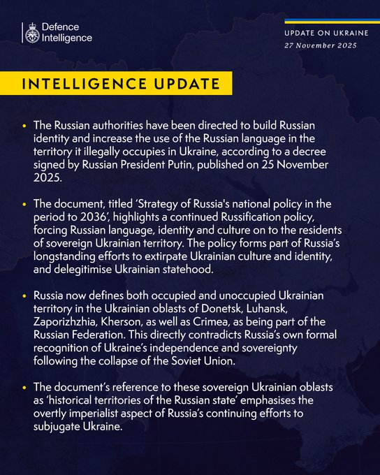 Latest Defence Intelligence update on the situation in Ukraine -  27 November 2025.