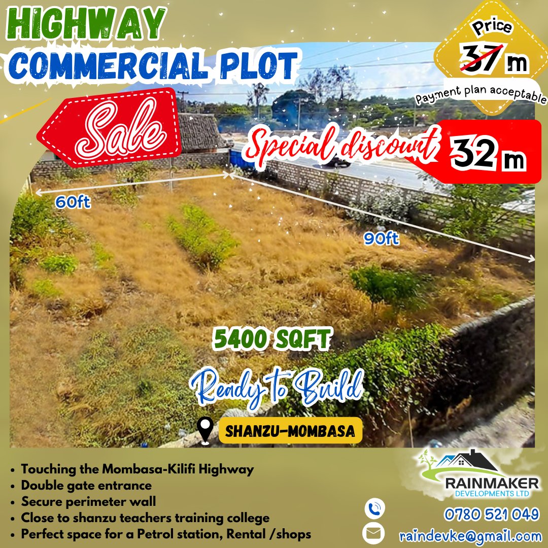KeRainmaker's tweet image. 🔥 Prime 5,400 sqft Roadside Property – Mombasa-Kilifi Highway

✅ Ideal for commercial use: petrol station, rentals, or go-downs
✅ High-growth corridor with strong return potential

🎉 Festive &amp;amp; Black November Offer: Now KES 32M (down from 37M!)

📞 0780521049