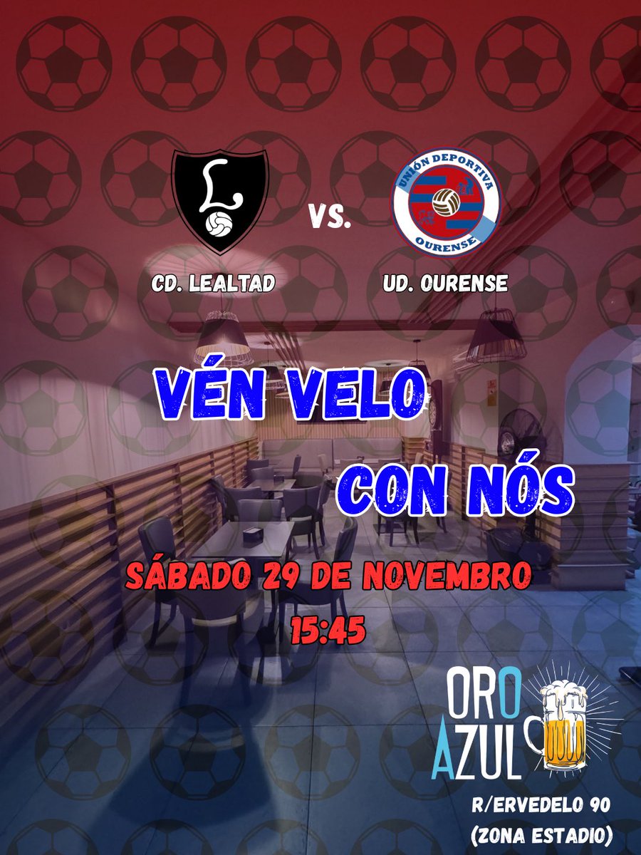 💙 ❤️Este sábado, Ourense en pantalla grande!

Ven a vivilo con nós nun dos nosos Colaboradores 🤝

📍 Oro Azul 
🍻 Fútbol, paixón e bo ambiente.
#ForzaOurense #OroAzul