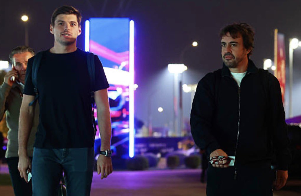 verstappenews's tweet image. Max and Fernando arriving together to the paddock in Qatar!