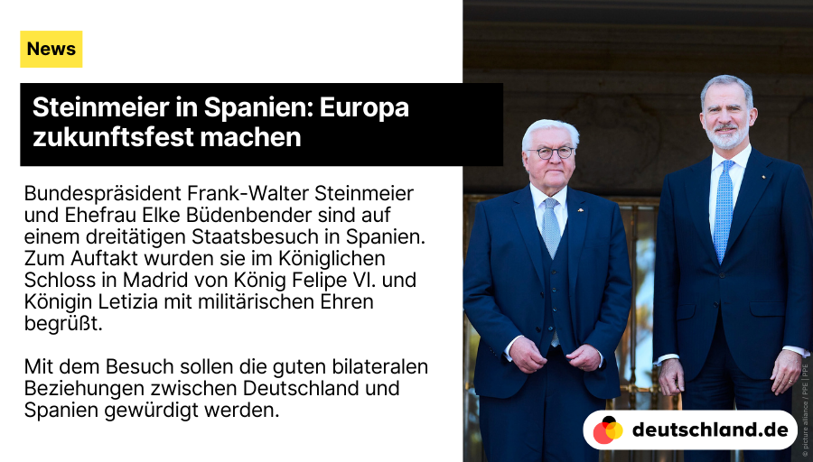 de_deutschland's tweet image. +++ #Steinmeier in #Spanien: Europa zukunftsfest machen

🇩🇪 Hier findest du die wichtigsten Informationen über die #Außenpolitik und internationalen Beziehungen Deutschlands.

👉 spkl.io/6016AnnSi

#NewsDE
