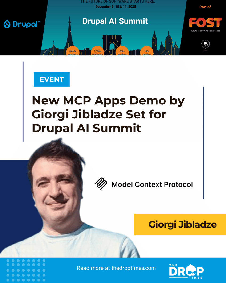 thedroptimes's tweet image. 🚨 At the Drupal AI Summit, Giorgi Jibladze @jibla  will demo MCP Apps:

📦 Serve interactive UI from Drupal
🧠 Delivered straight into AI clients like ChatGPT
🛠️ Powered by JSON-RPC + iframe UI spec

🔗 bit.ly/3XQ0jRk 

#DrupalAI #MCPApps #AgenticApps #OpenSourceUX