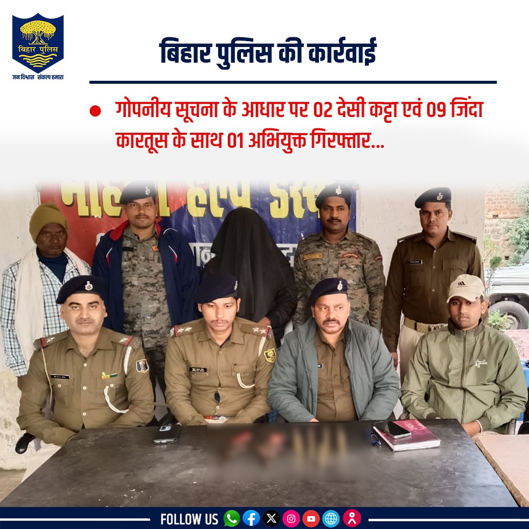 bihar_police's tweet image. #BiharPolice की कार्रवाई —
नालंदा जिले के चिकसौरा थानांतर्गत गोपनीय सूचना के आधार पर छापेमारी कर मिथलेश प्रसाद को 02 देसी कट्टा एवं 09 जिंदा कारतूस
के साथ किया गया गिरफ्तार।
.
.
#nalandapolice #CrimeControl #ArmsRecovery