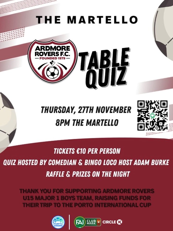 Final reminder for this evening’s quiz, The Ardmore Rovers U15 Major 1 Boys team are currently fundraising for their trip of a lifetime to the Porto International Cup in April 2026 and will be hosting a quiz night tonight, the 27th of November, at 8pm…

facebook.com/share/p/14JZsf…