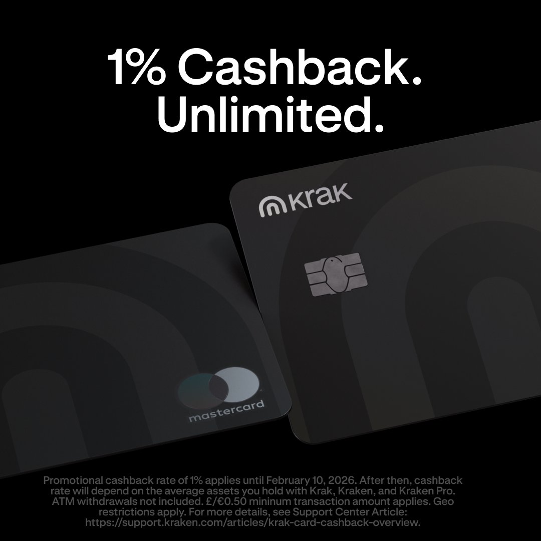Krak's tweet image. 1% cashback. Unlimited. 💳

Every purchase. Every merchant.
No caps. No categories. No restrictions.

Choose your cashback: local currency or #Bitcoin. 🔁

Terms apply.