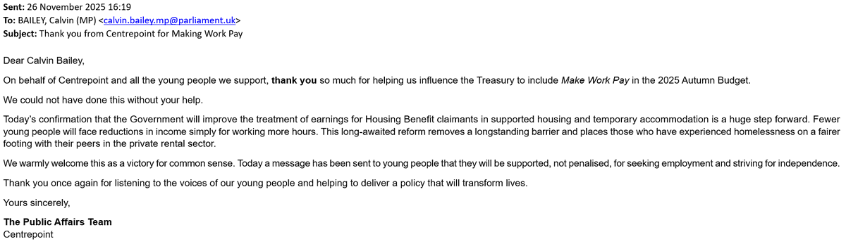 CalvinBailey's tweet photo. I was happy to see @centrepointuk's campaign to improve earnings treatment for Housing Benefit claimants in supported housing & temporary accommodation included in this week's Budget! 🙌

This was raised during my visit to their Leytonstone centre and by constituents. Thank you to everyone who wrote to me. 🙏

✍️My letter to the Chancellor: https://t.co/xnpNVpQoAp