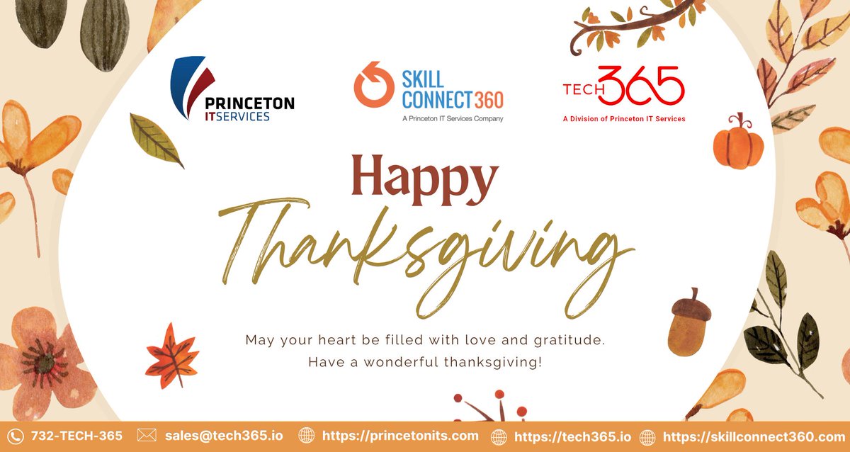 Tech365I's tweet image. ✨ Happy Thanksgiving from Princeton IT Services, SkillConnect360, and Tech365! 🍁
Wishing you a day filled with gratitude, joy, and warm moments with your loved ones.
Have a wonderful Thanksgiving! 🦃💛
#Thanksgiving #Gratitude #Tech365 #PrincetonITS #SkillConnect360