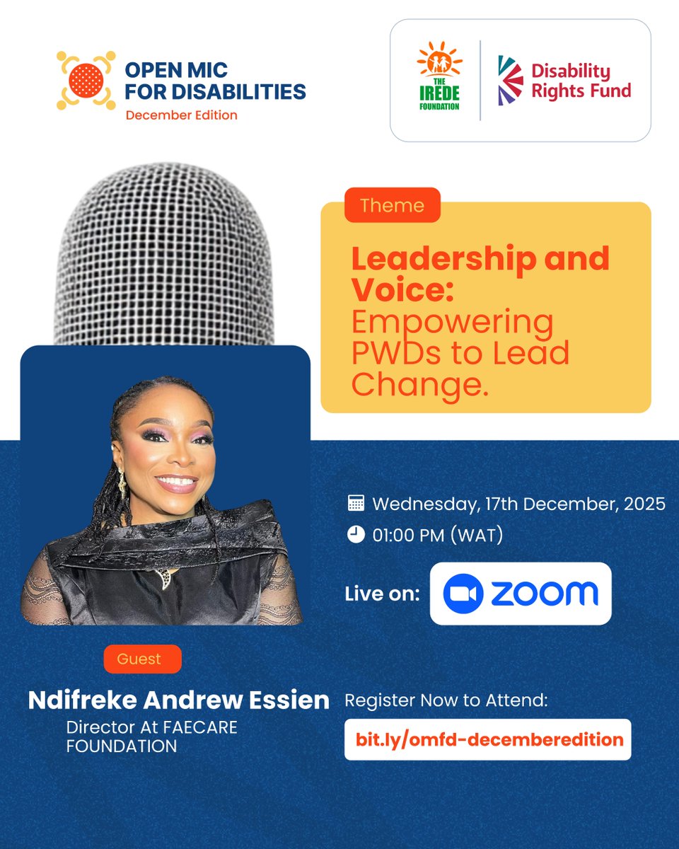Final edition of Open Mic for Disabilities!
Join Ndifreke Andrew Essien as she speaks on Leadership &amp; Voice: Empowering PWDs to Lead Change.
17TH Dec |1 PM WAT | Zoom
bit.ly/omfd-decembere…

Don’t miss it! 🥳