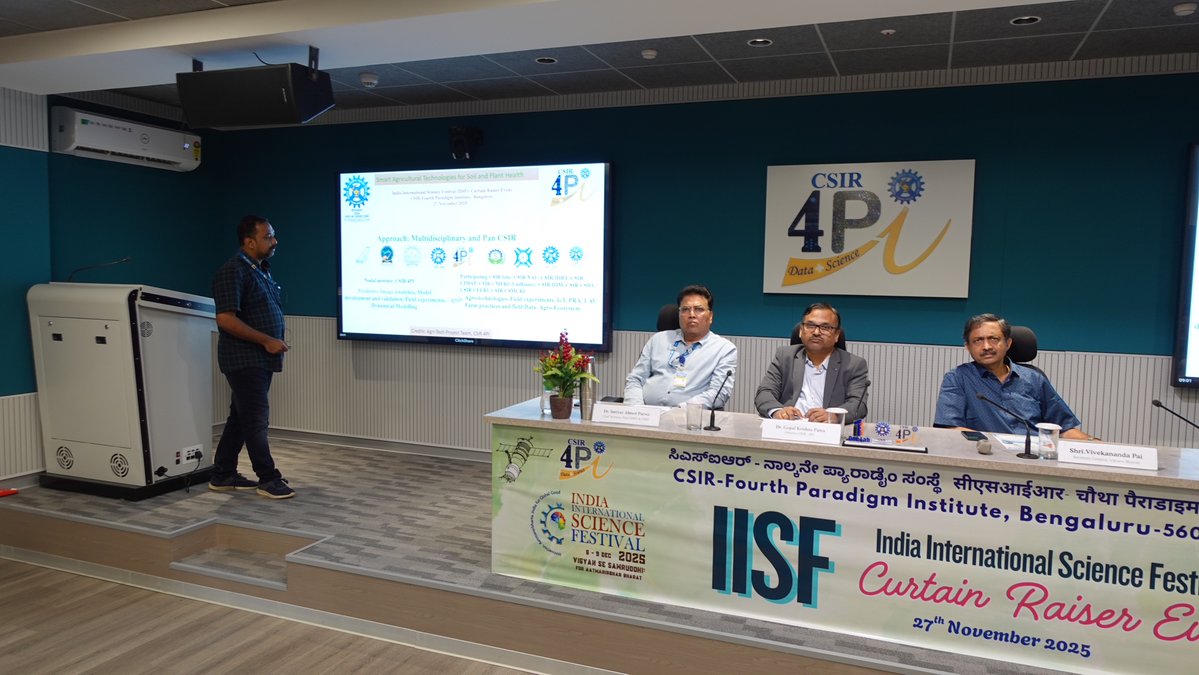 CSIR_4PI's tweet image. CSIR-4PI organised IISF-2025 curtain raiser on 27th November 2025. The event was graced by Shri Vivekananda Pai, Secretary General, Vijnana Bharati and detailed on the IISF-2025 events. Dr V Rakesh presented on Smart Agriculture technologies. @IISF2025 @CSIR_IND