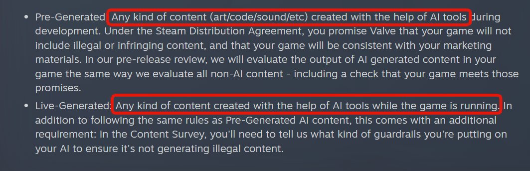 Grummz's tweet image. Every game created in the past year on Steam is AI assisted and should have the AI tag.

Or at least the vast majority.

These are the official Steam rules on AI content, drafted before AI really became ubiquitous:

&quot;ANY kind of content (art/code/sound/etc.) created with the HELP…