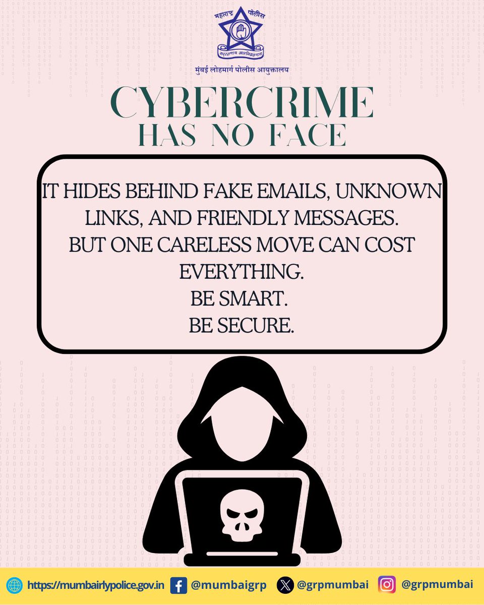 grpmumbai's tweet image. Cybercrime has no face — but the damage is real.
Stay cautious. Stay informed.

#CyberCrime #CyberSafety #BeAware #StayAlert #OnlineProtection #SecureYourData #DigitalSecurity #CyberThreats #InternetSafety #ThinkBeforeYouClick #StaySafeOnline