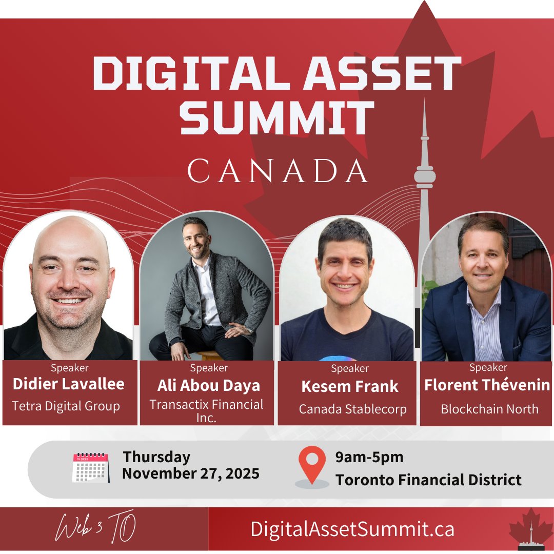 Web3To's tweet image. Today’s the day! 🍁🔥

First panel starting soon: “Canadian Stablecoins Are Here: What Happens Next?”

Featuring the stablecoin crew – Didier Lavallée (CADD), @aliaboudaya  Daya (CADX), Kesem Frank (QCAD) – plus  Florent “Flo” Thévenin @FuturFlo (@BlockchaiNorth  North).

Kicks…