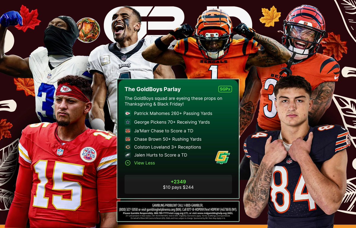 🦃 SQUAD RIDE TIME! 🦃

We’re BACK with a #SquadRide on <a href="/DKSportsbook/">DraftKings Sportsbook</a> for Thanksgiving &amp; Black Friday! 👑

If this parlay smacks, we’re giving away FREE memberships! 🫡

How to enter:
1️⃣ Like
2️⃣ Retweet
3️⃣ Tail the parlay on DK

Open the DK app &amp; search GoldBoys to ride with us!