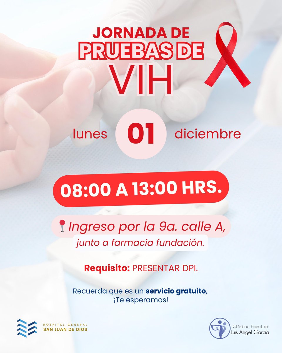 Te esperamos en la Jornada de Pruebas de VIH, ubicación entrada de visitas por la 9na calle “A”, de 8:00 a 13:00 horas.