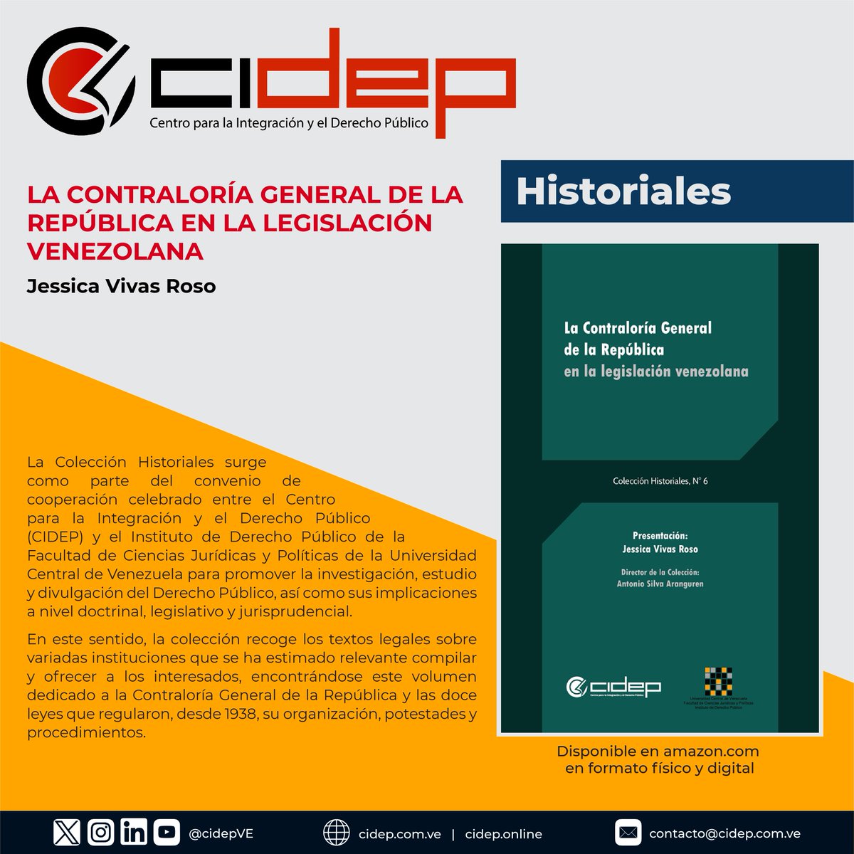Nueva publicación del CIDEP como parte del proyecto Historiales que desarrollamos junto al <a href="/idpUCV/">Instituto Derecho Público UCV</a>: "LA CONTRALORÍA GENERAL DE LA REPÚBLICA EN LA LEGISLACIÓN VENEZOLANA" de Jessica Vivas Roso. Más información en cidep.online/editorial/ucv/…