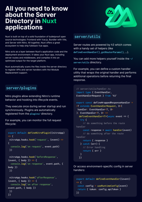 CertificatesDev's tweet image. Nuxt Server Directory Cheatsheet 📜

Looks simple, but @nuxt_js server directory packs a punch. Nitro automatically turns your routes, APIs, and middleware into a fullstack powerhouse ⚡

👉 Download a high-res version here: go.certificates.dev/ncbfx