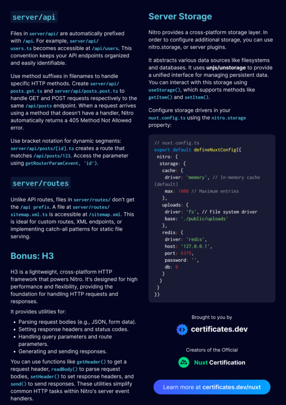 CertificatesDev's tweet image. Nuxt Server Directory Cheatsheet 📜

Looks simple, but @nuxt_js server directory packs a punch. Nitro automatically turns your routes, APIs, and middleware into a fullstack powerhouse ⚡

👉 Download a high-res version here: go.certificates.dev/ncbfx