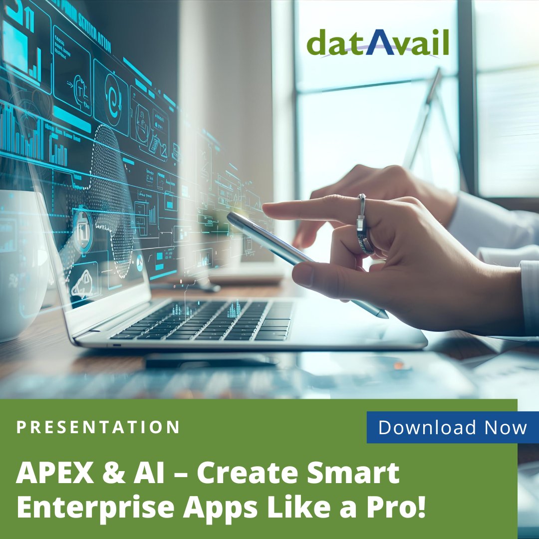 datavail's tweet image. AI is changing how enterprises build apps. See how #APEX &amp;amp; #AI work together to create intelligent, automated experiences. Learn techniques for embedding AI into APEX to improve usability, speed decisions, and boost efficiency: datavail.com/resources/apex… 

#OracleAPEX #AIPoweredApps