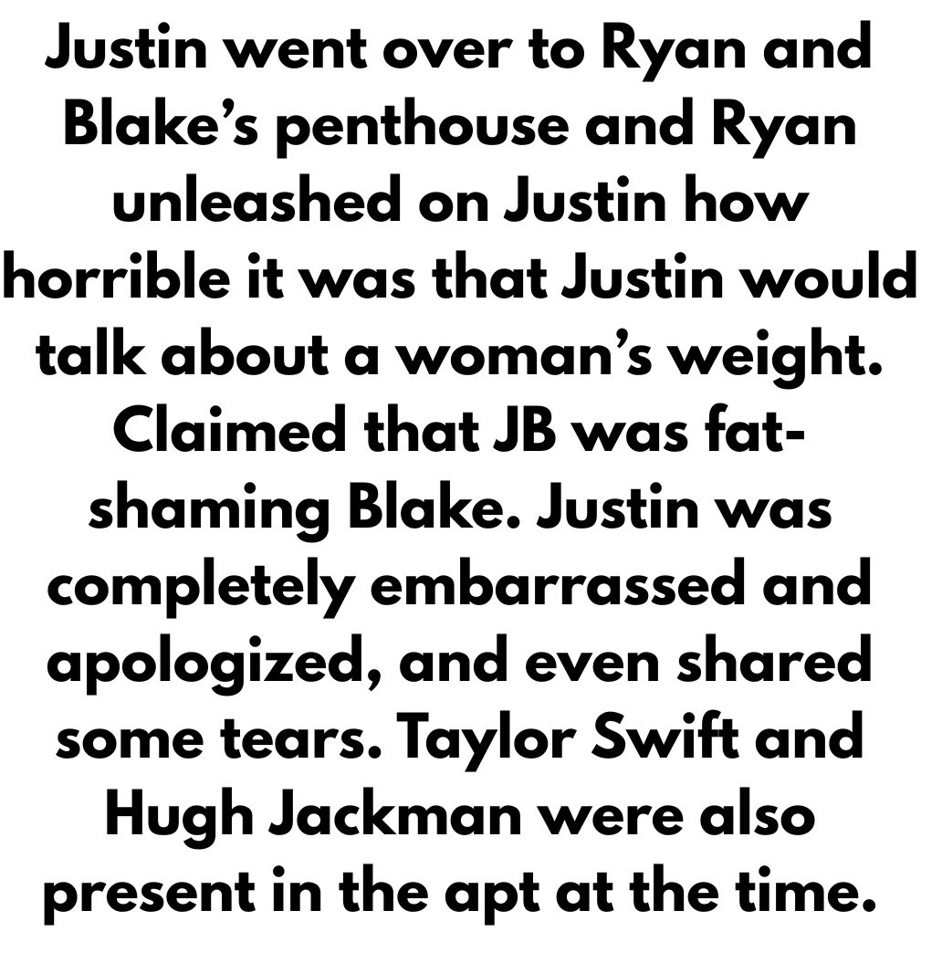 TVMovieAddict's tweet photo. Wayfarer’s timeline was just unsealed. It is now confirmed that Taylor Swift was there, and finding out Hugh Jackman was also in that room makes my stomach drop. Justin was already emotional and trying to hold himself together and Blake Lively had both of them sitting there while he was being confronted. That’s bullying. And the fact that she involved two massive celebrities in something this personal tells you everything about the type of person Blake Lively is. #justinbaldoni #blakelively #bullying