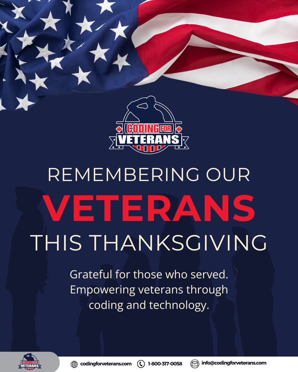 Coding4Veterans's tweet image. Today, we give thanks for the courage, resilience, and service of the veterans who continue to strengthen our communities. 
From all of us at Coding for Veterans, Happy Thanksgiving.