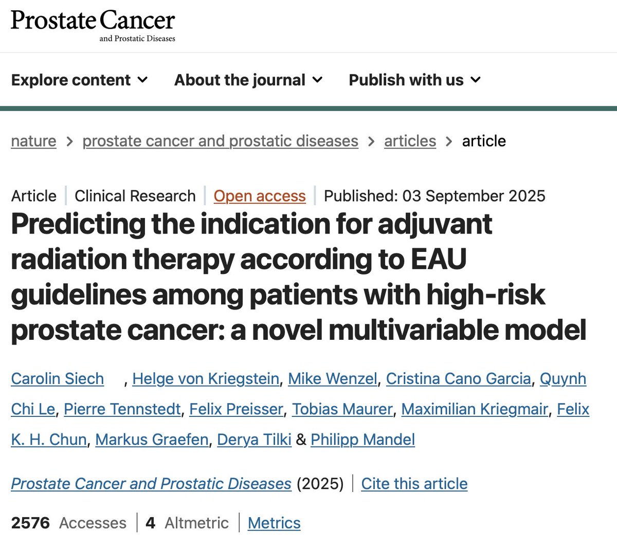 mirrorsmed's tweet image. Predicting the indication for adjuvant radiation therapy according to EAU guidelines among patients with high-risk prostate cancer: a novel multivariable model

 nature.com/articles/s4139…

In a retrospective study of 5,691 high-risk #ProstateCancer patients treated at a high-volume…