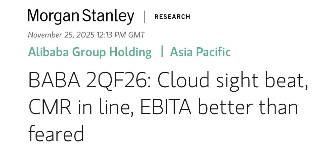 🚀 $BABA Earnings THREAD 🚀
Bullish call from <a href="/MorganStanley/">Morgan Stanley</a>: "Overweight" &amp; $200 target (↑24% upside)! Here's why:

1. #Cloud is on FIRE: Revenue ↑34.5% YoY, blowing past estimates.
2. #AI is the engine: Triple-digit growth for the 9th quarter in a row!
3. Profitability