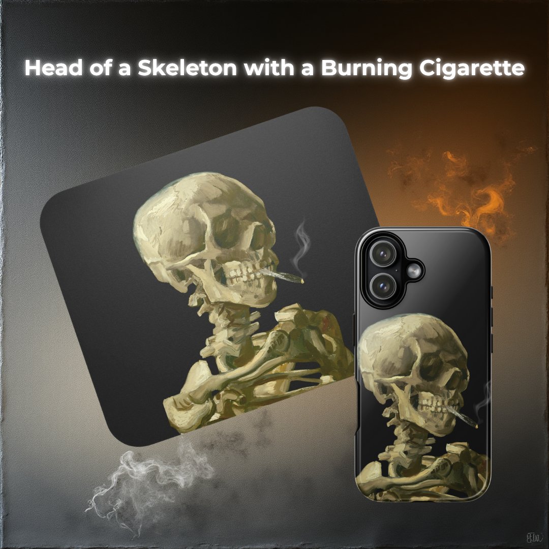 betweenforms's tweet image. Van Gogh’s smoking skeleton (early 1886, Antwerp) — officially described as a “juvenile joke.” 

I added a tiny modern tweak to the design on my phone cases and mouse pad… can you spot it? 

BF15 = 15% off.

betweenforms.com/collections/va…