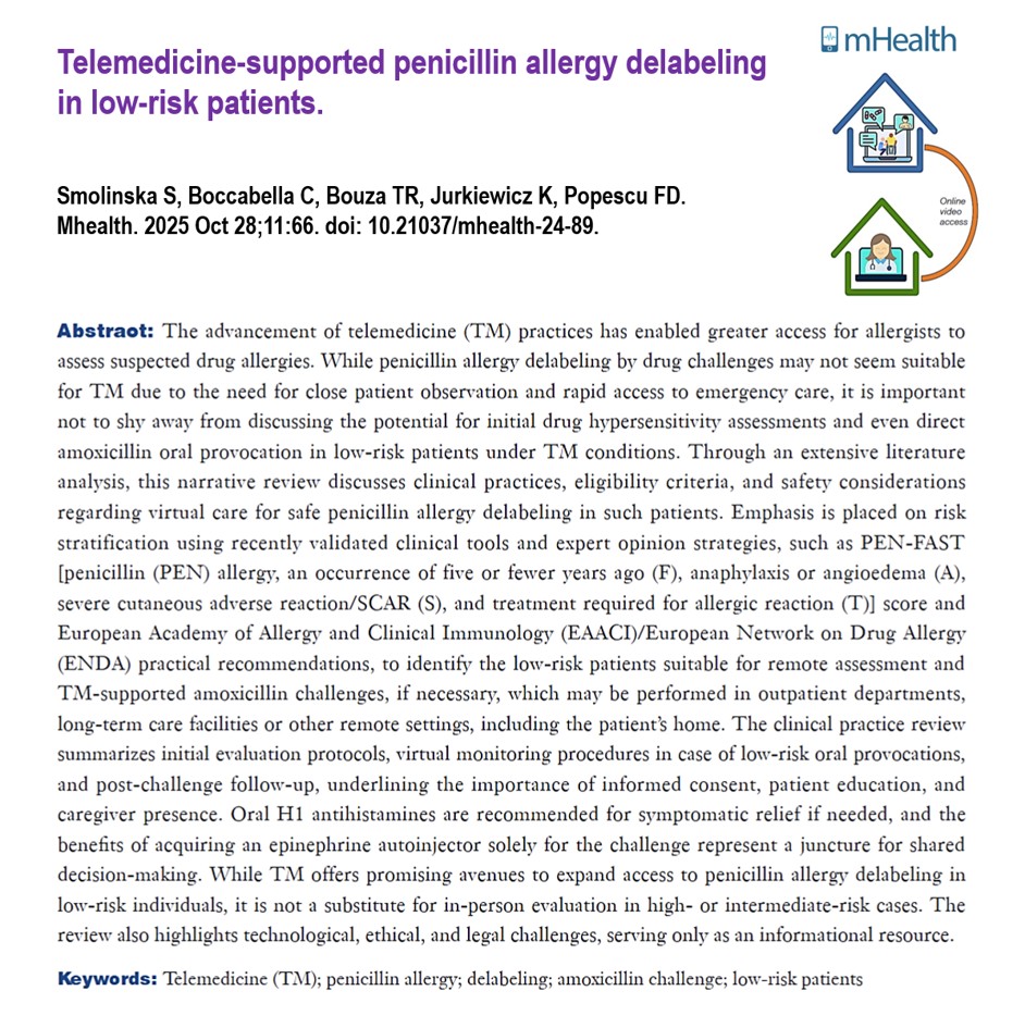 FlorinDanPopesc's tweet photo. 📢#Telemedicine-supported #penicillin #allergy #delabeling in low-risk patients [Smolinska S, Boccabella C, Bouza TR, Jurkiewicz K, Popescu FD. Mhealth. 2025 Oct 28;11:66. doi: 10.21037/mhealth-24-89] ➡️https://t.co/MP9z2wihYI https://t.co/oLbe58nf4a