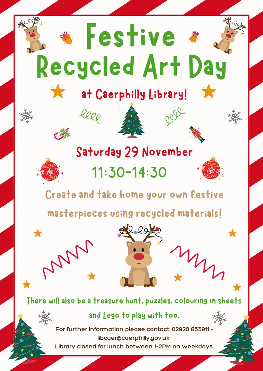 CaerphillyLib's tweet image. Dydd Sadwrn- Digwyddiad Nadoligaidd
#HwylLlyfrgelloedd #CaruLlyfrgelloedd
🎁🎄🎅☃️📖✏️❄️✂️❄️✏️📖☃️🎅🎄🎁
Saturday - Festive Event 
#LibraryFun #LoveLibraries
📞02920 853911 
📧libcaer@caerphilly.gov.uk