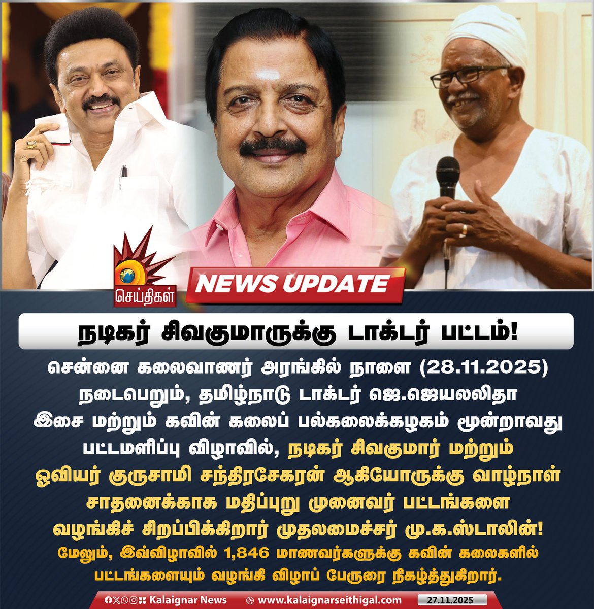 Kalaignarnews's tweet image. நடிகர் சிவகுமாருக்கு டாக்டர் பட்டம்! 

#Sivakumar #CMMKStalin #KalaignarSeithigal
