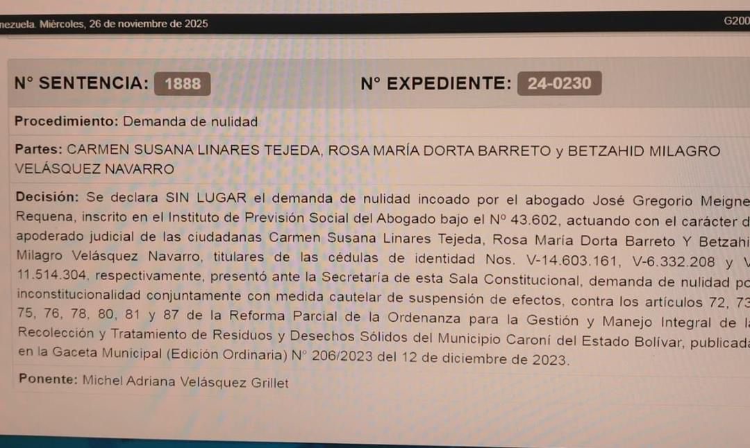 #CiudadGuayana | 🏛️ TSJ declara sin lugar la demanda contra la Ordenanza de Desechos Sólidos (Fospuca) del municipio Caroní.

Sentencia N° 1888 del TSJ desestima la solicitud de nulidad por inconstitucionalidad de varios artículos (72, 73, 75, 76, 78, 80, 81 y 87).