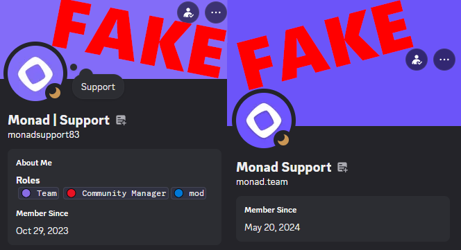 please be very careful, there are no Monad support accounts
if you get a DM from a support account, it’s a scam
also double-check usernames, there are impersonators pretending to be team members
the best solution is to turn off DMs from people you don't know