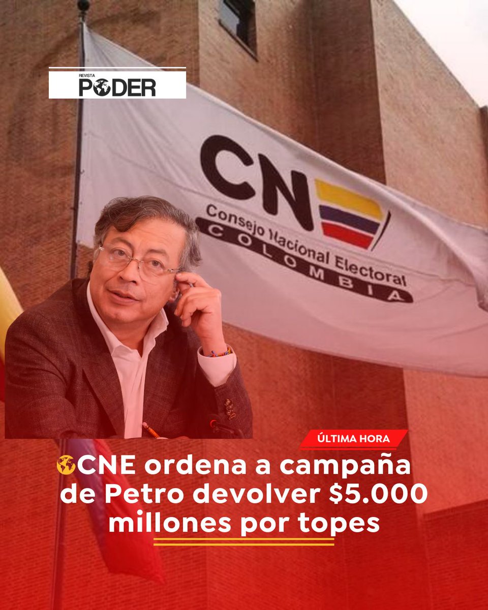 RevistaPODERcol's tweet image. #ATENCIÓN | Histórico fallo del @CNE_COLOMBIA: la campaña de @petrogustavo deberá devolver más de $5.000 millones por violar topes de financiación. La decisión marca precedente en la política colombiana y abre debate sobre transparencia electoral. #RevistaPoder #NoticiasPoder…