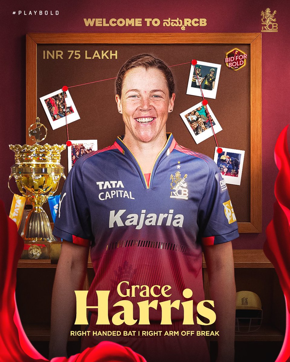 It’s time for pure Aussie energy to meet the OG Bengaluru vibe. 😮‍💨

The big hitter who strikes at over 140 arrives with power in her bat, mystery in her spin, and an electric spark in her game. ⚡️

Welcome to RCB, Grace Harris. 🌟

#PlayBold #ನಮ್ಮRCB #WPLAuction #BidForBold