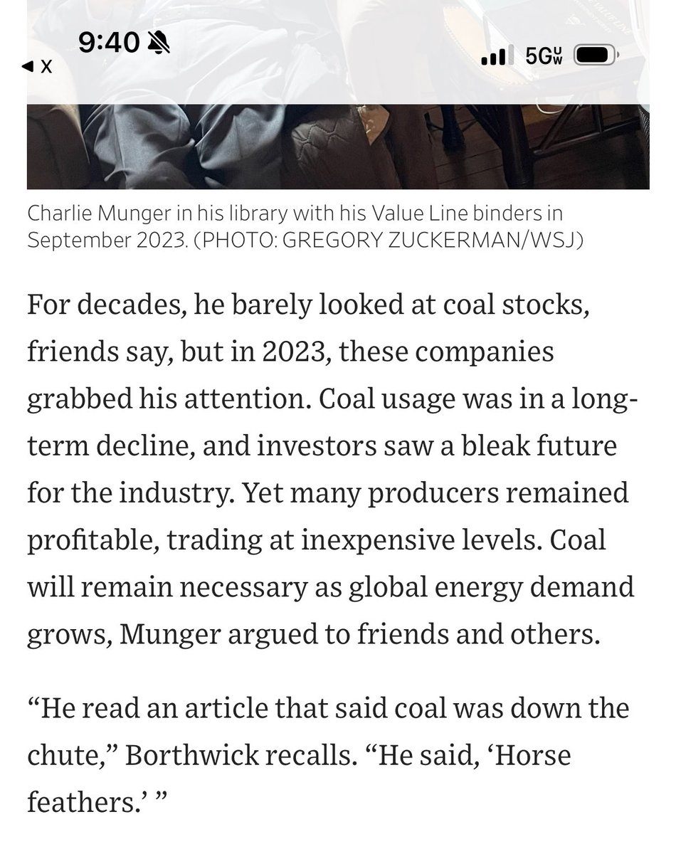 JohnHuber72's tweet image. Munger buying coal stocks in his final year. An independent thinker and always learning, right to the very end. Fascinating article by ⁦⁦@GZuckerman⁩