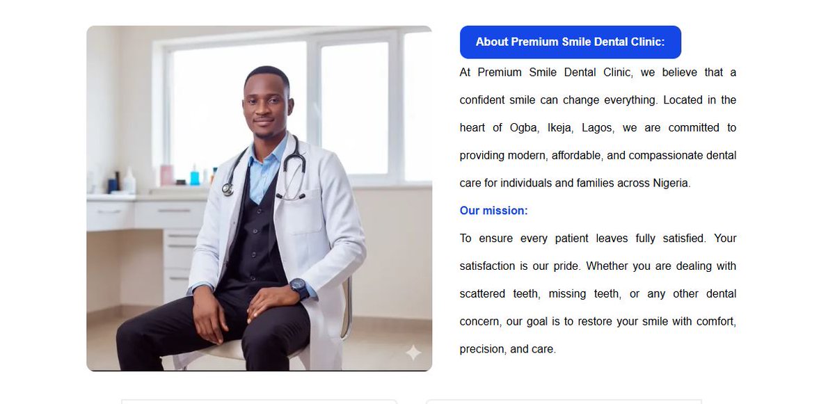 Bida_4's tweet image. Just completed the second section of the About Page for my Dental Clinic website!
Added the clinic details and dentist photo layout.
Step by step, it’s coming together 💻✨

#NextJS #WebDev #Frontend