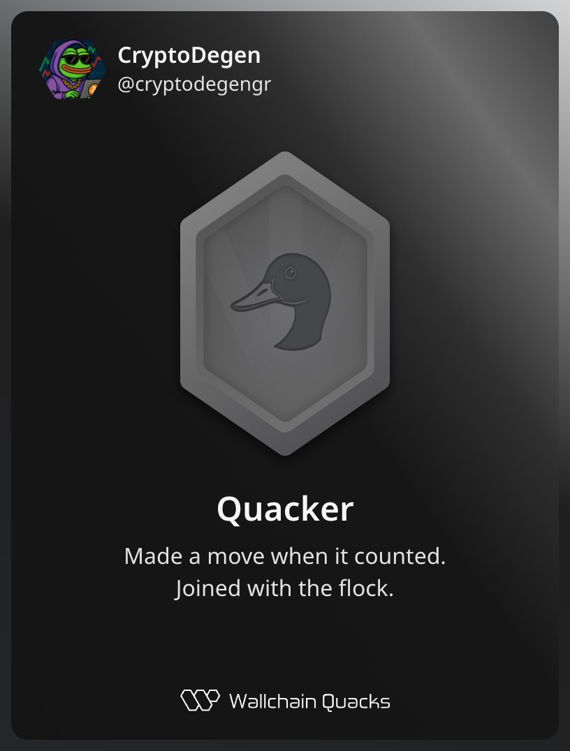cryptodegengr's tweet image. Just unlocked the Quacker on @wallchain 🏆

How cool is that?

Feels great to have my contributions recognized.

How’s Wallchain Quacks been treating you so far?

Not on board yet? Drop a comment for an invite 👇🦆
