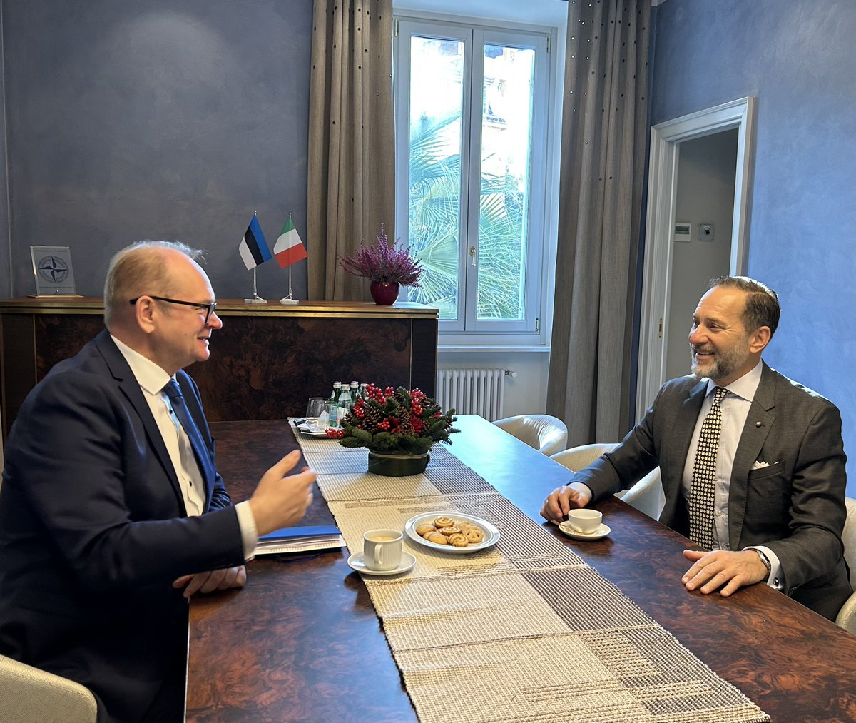 Great pleasure to welcome Amb Michael Rendi <a href="/AustriainIT/">Austrian Embassy Rome</a> 🇦🇹 and have a friendly chat about our very good bilateral cooperation, current #EU &amp; global affairs: security, trade and business, culture etc.

Viel Glück in Italien!
Ich freue mich schon auf unseren nächsten Kaffee 🇪🇪☕️🇦🇹