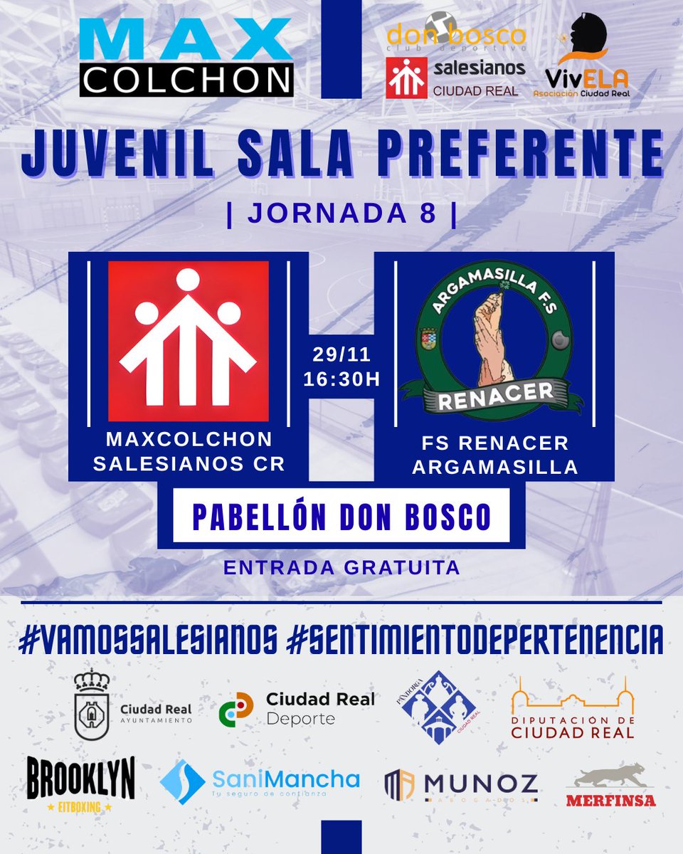 ⚽|𝗣𝗔𝗥𝗧𝗜𝗗𝗢𝗦|💙

🏟️ Pabellón Don Bosco

🅂🄴🄽🄸🄾🅁 
🆚 #CDLasMesasUnión
🗓️ 29/11 - 19:30h 🕢

🄹🅄🅅🄴🄽🄸🄻
🆚 <a href="/RenacerFs/">Renacer Argamasilla FS</a>
🗓️ 29/11 - 16:30h 🕟

🏠🗣️ Todos juntos a por la victoria, ven y anima! 🤩🙌🏻

#VAMOSSALESIANOS💙
#SENTIMIENTODEPERTENENCIA🏠