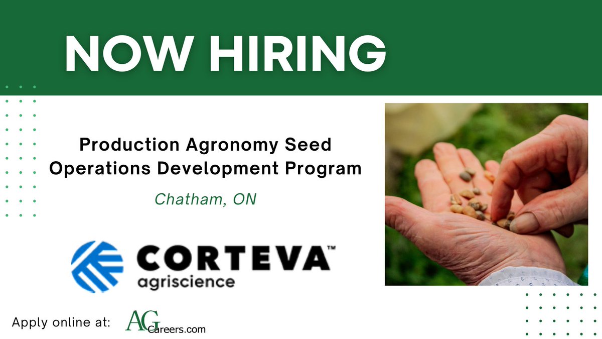 .<a href="/corteva/">Corteva Agriscience</a> is #HIRING a Production Agronomy Seed Operations Development Program in Chatham, ON!

Submit your application today on #AgCareers: 
ow.ly/Ex3n50XyGuS