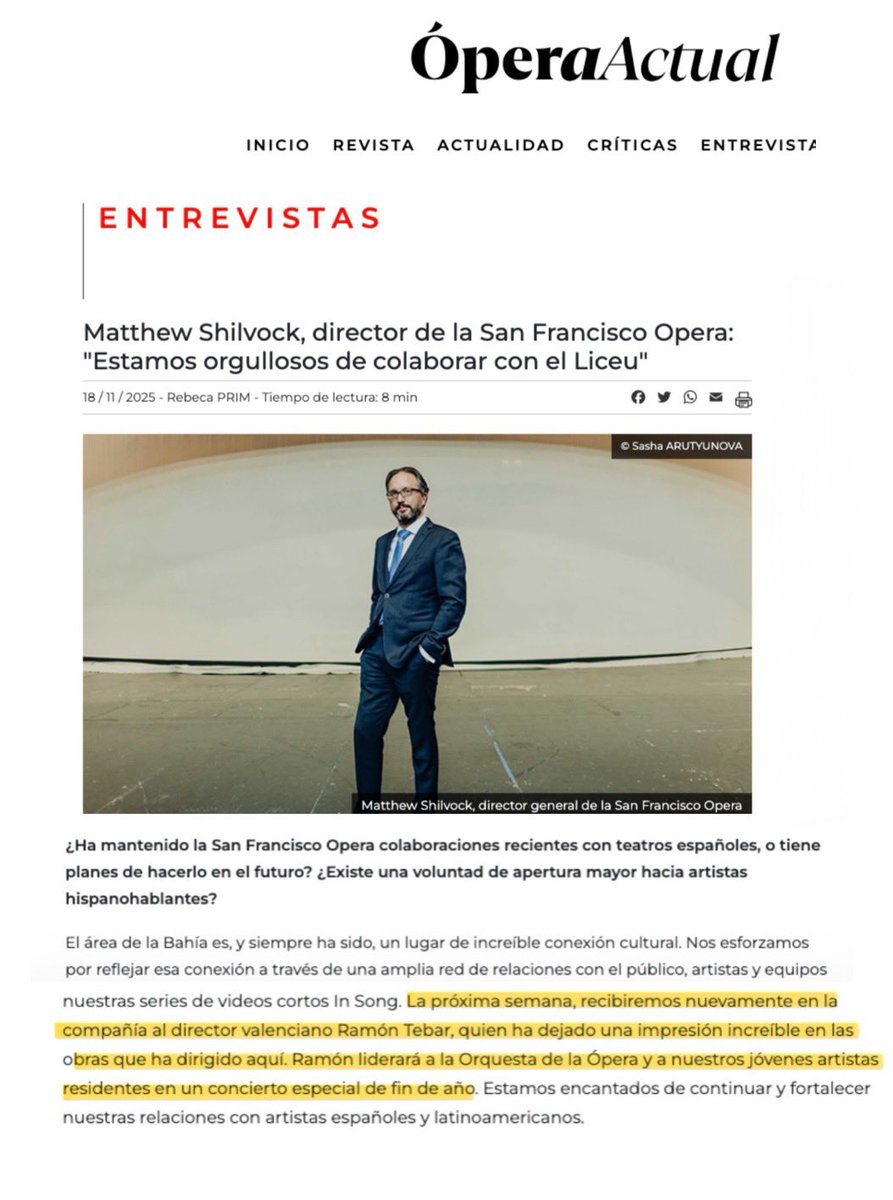 🙏Thank you so much <a href="/MatthewShilvock/">Matthew Shilvock</a> for the beautiful mention in Opera Actual magazine. It’s always such a joy to come back to San Francisco <a href="/SFOpera/">San Francisco Opera</a> 🙏

‘Ramón Tebar has made an incredible impression in the works he has conducted here.’
<a href="/sfoperaorchestr/">San Francisco Opera Orchestra</a> <a href="/OperaActual/">ÓPERA ACTUAL</a> <a href="/Liceu_cat/">Gran Teatre del Liceu</a>