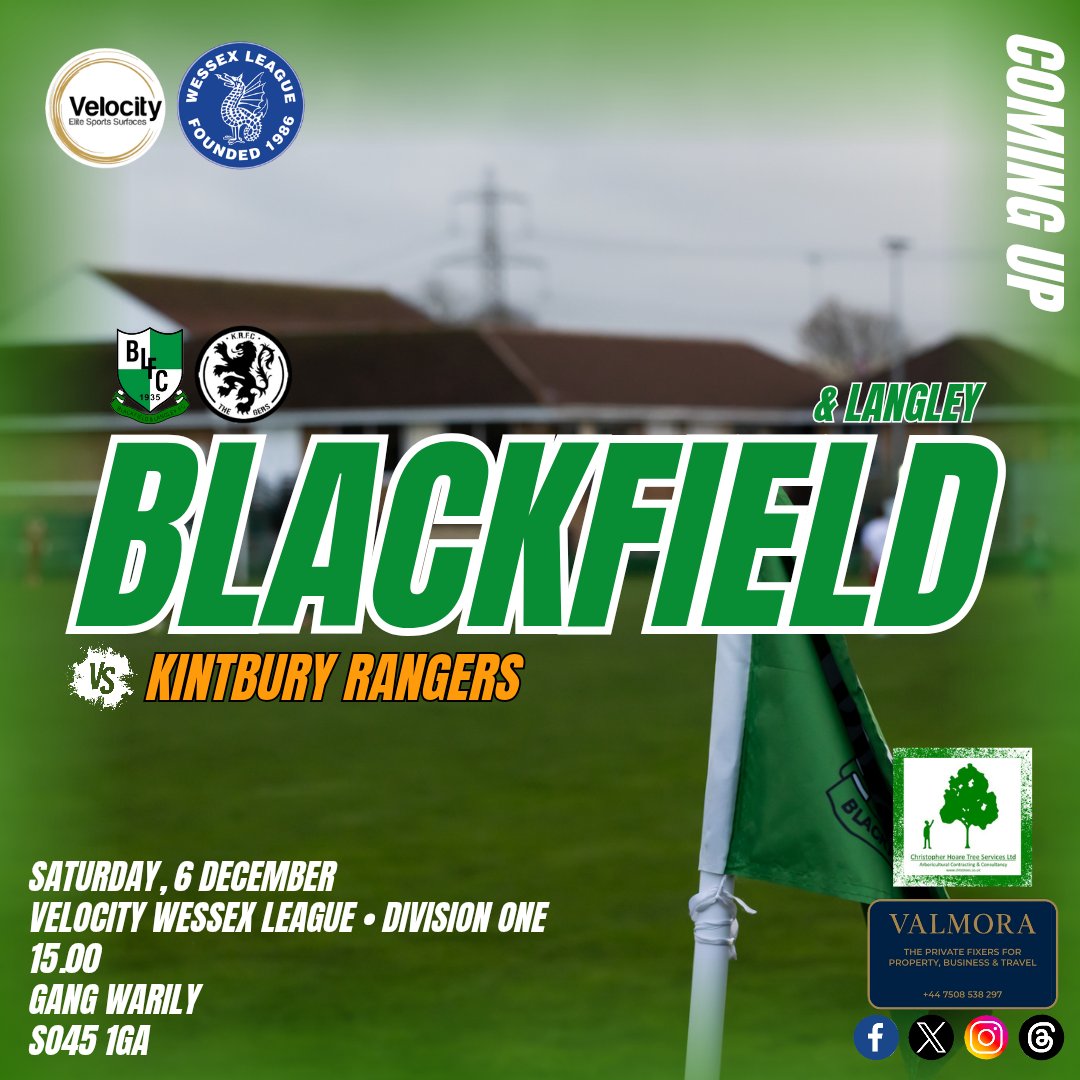 bandlfc's tweet image. 🆙️️ | 𝐂𝐨𝐦𝐢𝐧𝐠 𝐔𝐩 • 𝐅𝐢𝐫𝐬𝐭 𝐓𝐞𝐚𝐦

📆 Saturday, 6 December
🏆 @WessexLeague
🕒 15.00
🆚️ @KintburyRangers
💷 £6 | £4 | U16s £1, 🆓️ WPA
📗 Online
🏟 Gang Warily
📍 SO45 1GA
🏡 Sports Bar Open
🍔 Available

💻 Social&apos;s Sponsor • Valmora
📲 +44 7508 538 297