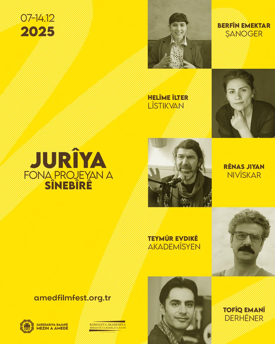 Jurîya Fona Projeyan a Sînebîrê / Sînebîr Project Fund Jury / Sînebîr Proje Fonu Jürisi

-BERFÎN EMEKTAR
-HELÎME ÎLTER
-RÊNAS JIYAN
-TEYMÛR EVDIKÊ
-TOFÎQ EMANÎ

“Ji bo hûrgiliyên berfireh hûn dikarin li amedfilmfest.org.tr binerin.”
“Detaylı bilgi için amedfilmfest.org.tr
