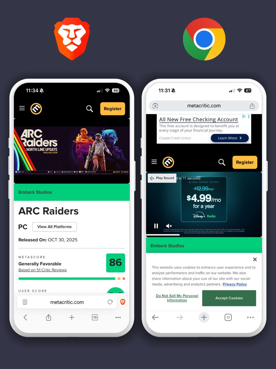 brave's tweet image. Same website. Two different experiences.